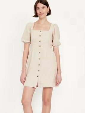 Old Navy | NWT Linen Blend Square Neck Short Sleeve Button Up Dress Tan Size 2X